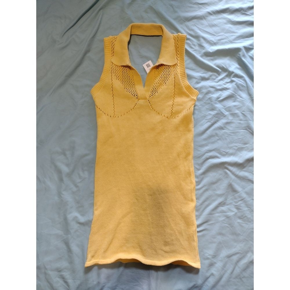 ZARA Sleeveless‎ Knit Collared Dress Yellow Ribbed Sheath Midi Size M